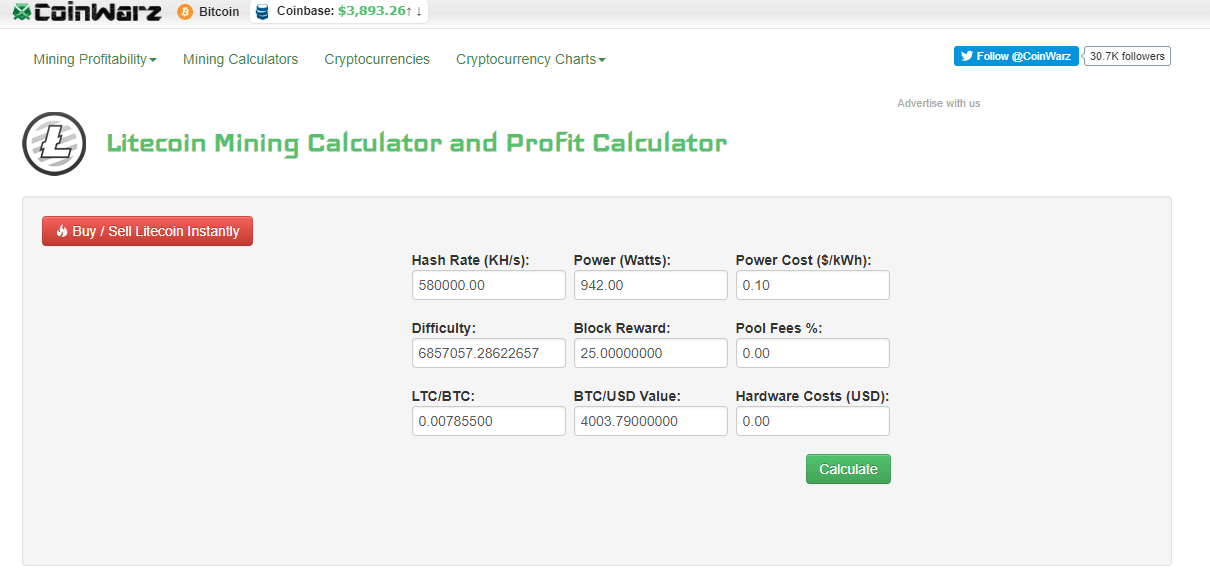 crypto mining calculator litecoin